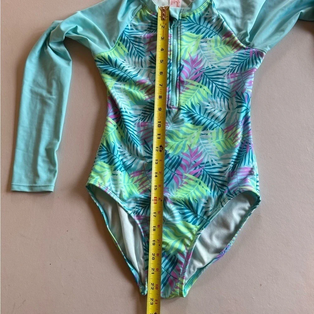 Cat & Jack Swimsuit Tropical Leaf Print Girls XL Rashguard Sleeves Zipper Aqua